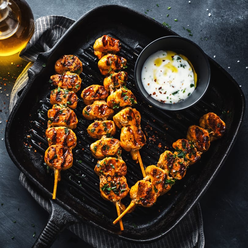 Grilled Indian chicken skewers with herbs and a side of creamy white sauce in a black pan.